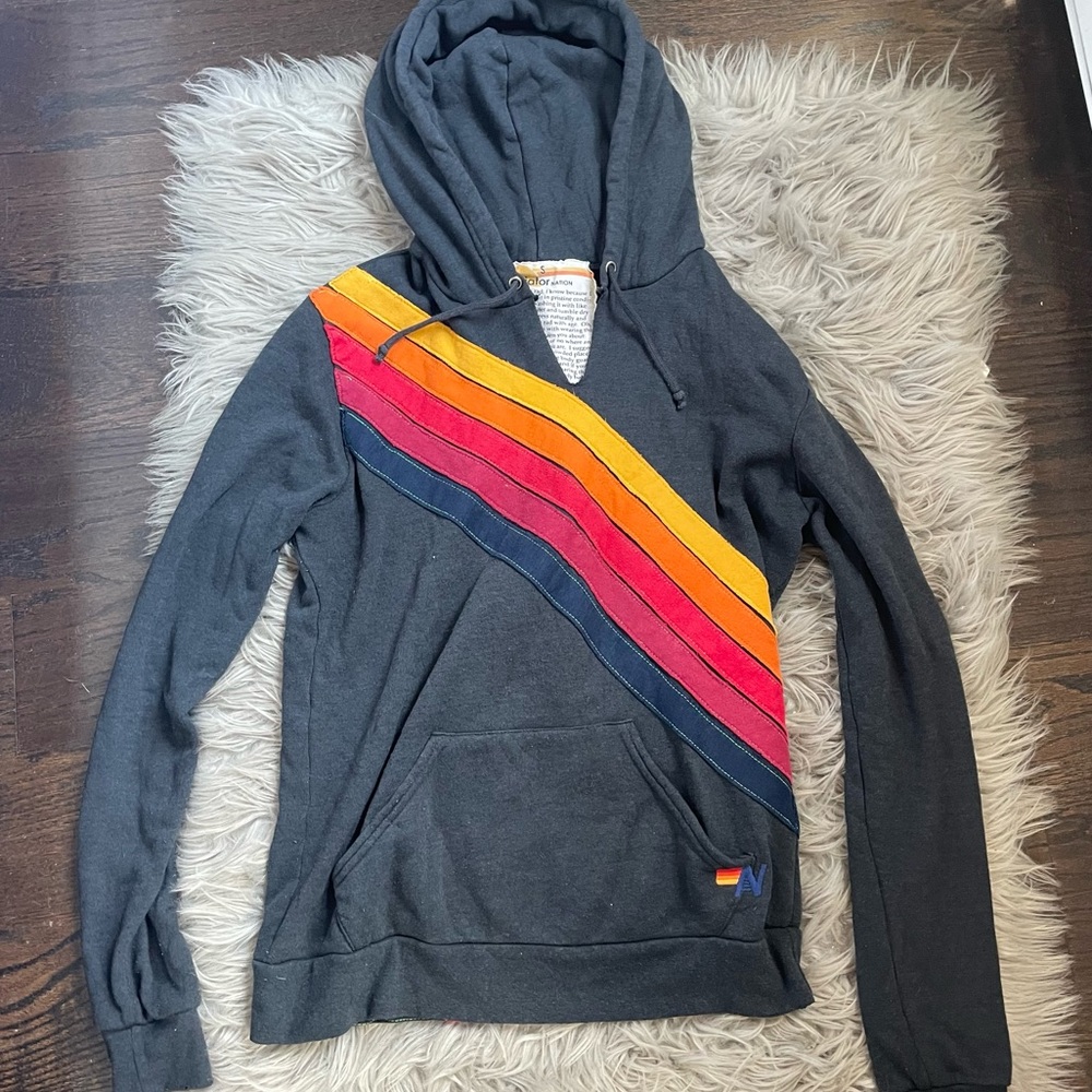 EUC RARE Aviator Nation V-neck Rainbow Stripe Hoodie 🌈